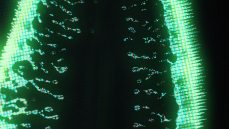 Glowing fluid. Digital splatter. Glitch light. Power core. Fluorescent green cyan blue color liquid crystal pixel artifacts on dark black abstract art illustration background.の写真素材