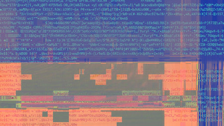 Computer glitch. Program failure. Hacking attack. Blue orange color pixel noise distortion defect on script text abstract illustration background.の写真素材