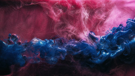 Glitter fluid. Ink water shot. Paint blend. Pink blue color shiny glowing sparkling smoke cloud...