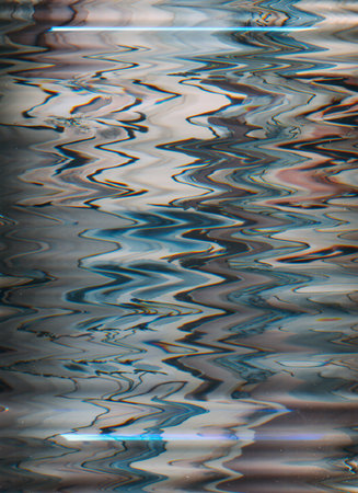Glitch texture background. Distortion noise. Frequency error. Blue pink gray beige color waves artifacts on dark abstract illustration poster.の写真素材