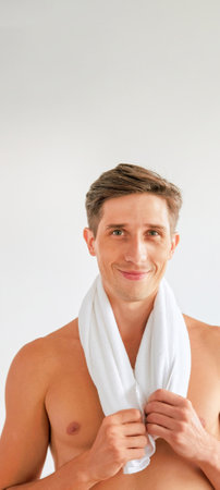 Hygiene routine. Freshness man care. Smiling satisfied handsome guy with towel on shoulders isolated on white copy space background.の写真素材