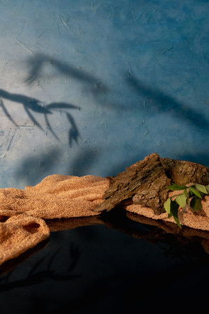 Nature composition. Showcase background. Brown beige dry tree wood bark mesh cloth arrangement leaves foliage shadow on blue free space.の写真素材
