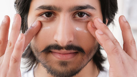 Male cleansing cream. Skin care. Attractive confident man with beard mustache applying moisturizer on face cosmetic procedures in light room.の写真素材