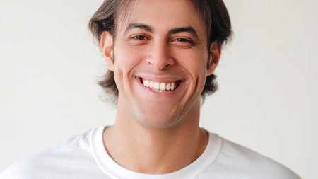 Smiling face. Grooming appearance. Masculine power. Attractive dark haired guy feeling joy isolated...