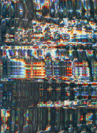 Glitch background. Static noise texture. Distortion glow. Distressed red orange blue green color artifacts on dark black abstract illustration poster.の写真素材