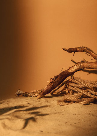 Nature showcase. Sand arrangement. Product placement. Brown dry tree wood bark rope pile leaf shade on sunny orange abstract background with copy space.の写真素材