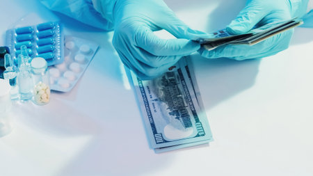 Expensive medicine. Healthcare corruption. Doctor hands in protective rubber gloves counting US dollar cash money stack with medications on white table.の写真素材