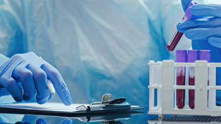 Laboratory test. Biochemical analysis. Technician in medical protective equipment hands in gloves...