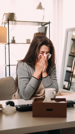 Working ill. Seasonal cold. Contagious disease. Office sickness. Young woman in blanket suffering from runny nose with tissue at face at table with keyboard and mug.の写真素材