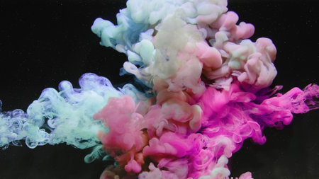 Ink water shot. Smoke cloud. Underwater explosion. Pink blue color glowing paint mix puff splash...