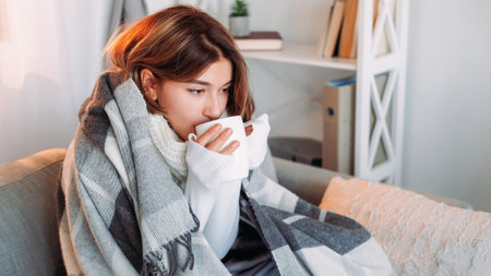 Tea warm. Rest drinking. Autumn shivering. Cold brunette woman in blanket enjoying hot beverage feeling frozen sitting on couch in light home interior.の写真素材