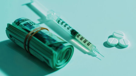 Pharmacy profit. Drugs addiction. Substance abuse. Medicine cost. United States dollar cash money roll filled syringe pills on white surface.の写真素材