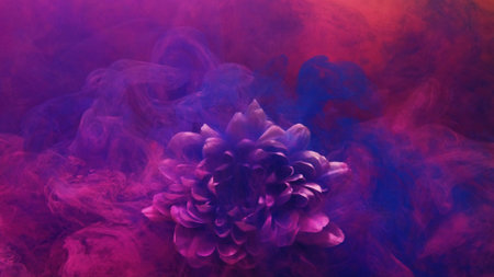 Ink water splash. Flower color. Magic nature. Neon pink purple blue vapor floating on blooming...