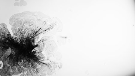 Black ink splatter. Liquid splash. Paint dash on white abstract illustration oil pattern floating spreading creative empty space background.の写真素材