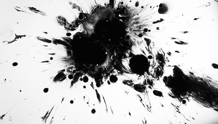 Grunge splash. Black ink. Dark fluid drops stain blotch spreading on white abstract background illustration with free space.の写真素材