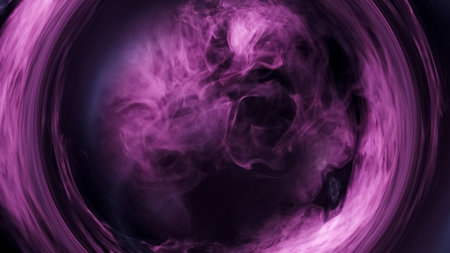 Smoke circle. Vapor mystery. Color steam flow in round purple whirl frame with free space pink fog...