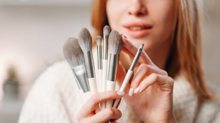 Makeup brushes. Visage tools. Beauty accessories. Unrecognizable woman hands holding testing eyeshadow powder blusher cosmetic applicators set collection for face skin on copy space.の写真素材