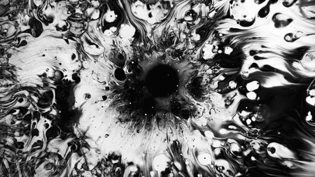 Black ink. Wet swirls. Dark white fluid splatter blend in water oil splash illustration liquid whirl design abstract background.の写真素材