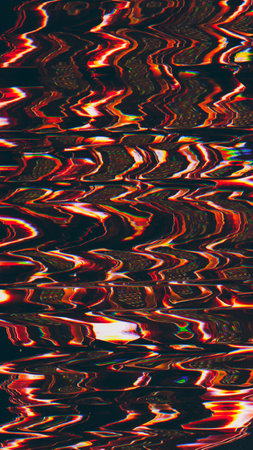 Glitch distortion. Twisted pattern. Signal error. Colorful red white interference zigzag lines texture on black background.の写真素材