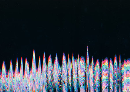 Rainbow glitch. Interference noise. Overlay background. Black surface free space with glowing...