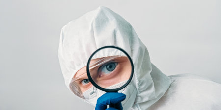 Medical virologist. Infection research. Female woman doctor technician lab specialist in white ppe hood protective equipment with magnifying glass isolated on grey background.の写真素材