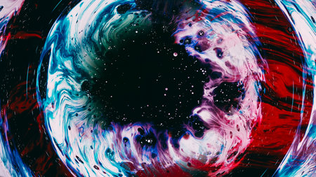 Fluid circle. Swirl splash. Blue red liquid splatter in dark circle frame abstract background paint...