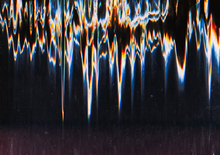 Glitch overlay. vibration. Digital background. Blurred sharp glowing blue yellow white zigzag lines...