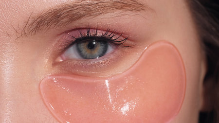 Hydrogel patches. Beauty care treatment. Puffiness reduce. Rejuvenation cosmetic. Unrecognizable woman fresh eye with moisturized skin with collagen pad.の写真素材