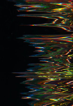 Colorful light. Glitch vibration. Interference noise. Black background with yellow green blue thin...