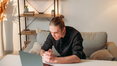 Video conference. Virtual meeting. Remote communication. Business man working from home discussing...