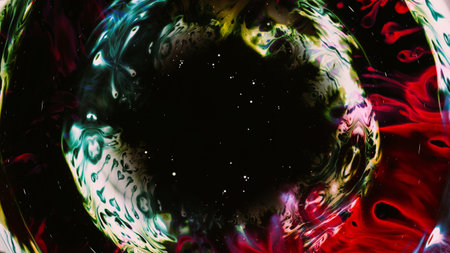 Colorful ink circle. Dimensional portal. Red blue black fluid spreading paint mix in dark round...