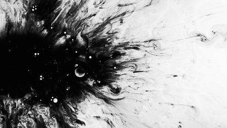 Ink stains. Water splatter. Dark liquid drops blotch spreading on light texture abstract background illustration with free space.の写真素材