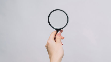 Searching loupe. Detective glass. Female hand reading copy space for text with magnifying tool...
