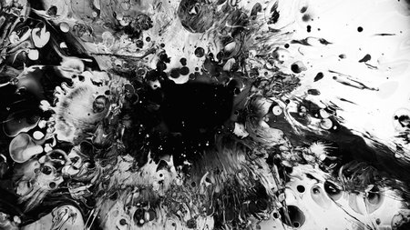 Grunge splash. Wet swirls. Dark fluid spots oil pattern flowing ink black watercolor spreading on white abstract illustration.の写真素材
