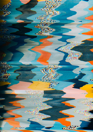Colorful background. Glitch design. Mosaic pattern. Blue gray yellow spotted vhs screen with zigzag interference lines texture.の写真素材