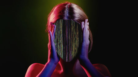 Stress anxiety. Mind control. Information overload. Red blue neon light color glitch disturbed faceless woman silhouette with static noise animation on black.の写真素材