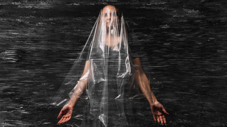 Digital art. Mind control. Media brainwashing. Double exposure defocused silhouette of obedient...