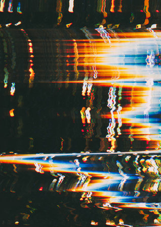 Glitch noise. Static interference. Signal error. Black background with gradient white yellow blue smearing zigzag distortion lines overlay.の写真素材