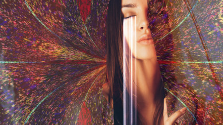 Digital art. Female grief. Loneliness melancholy. Sad hurt depressed woman face crying with glitch tears on colorful noise background.の写真素材