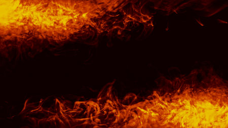 Fire flame. Burning frame. Heat wave. Glowing orange red color hot smoke cloud blast on dark black...