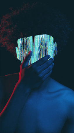 Speech freedom. Censored information. Faceless people. Portrait of man with glitch noise face...