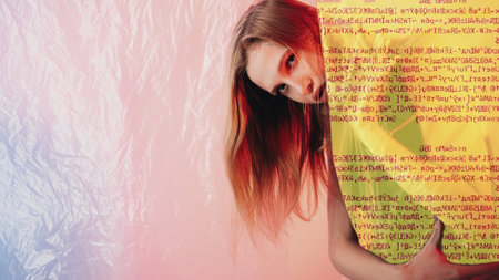Personal data protection. Cyber security. Virtual privacy. Concerned woman hiding behind glitch...