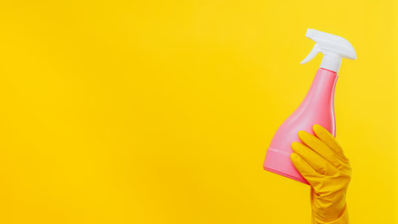 Detergent spray. Perfect cleaning. Household professional hand in protective gloves with pink disinfectant bottle isolated on yellow background empty space.の写真素材