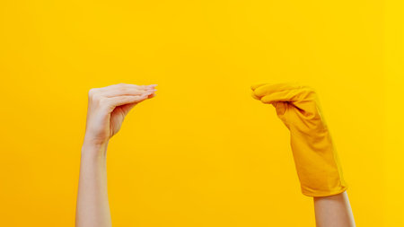 Household product advertising. Cleaning play. Socks show imitation. Woman hand meeting arm in...