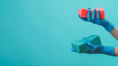 Professional cleaning. Household service. Janitor hands in blue rubber gloves with colorful washing sponges isolated on green background empty space.の写真素材