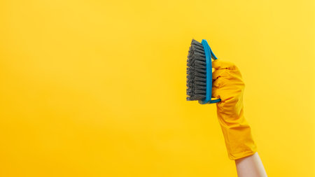 Surface cleaning. Home chores. Houseworker hand in protective gloves with blue brush with black bristles isolated on yellow background empty space.の写真素材
