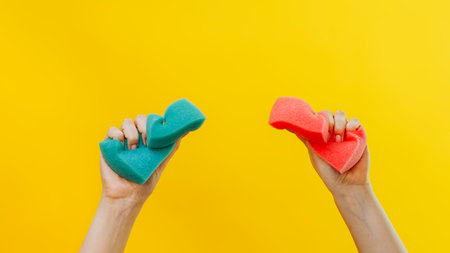 House chores. Domestic cleaning. Janitor services. Woman hands squeezing green pink washing sponges on isolated on yellow background copy space.の写真素材