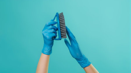 Household brush. Effective cleaning. Janitor touching professional hard high quality bristles...