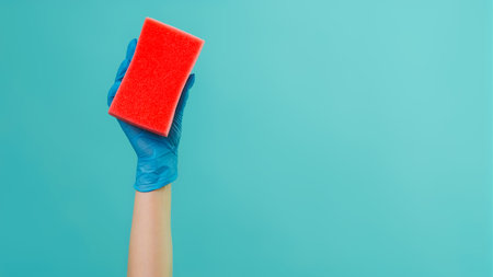 Cleaning equipment. Home hygiene. Housekeeper in protective gloves with red washing sponge tool in...