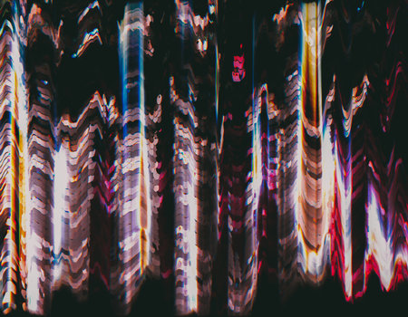 Glitch display. Interference noise. Festive design. Colorful background with rainbow neon blue...